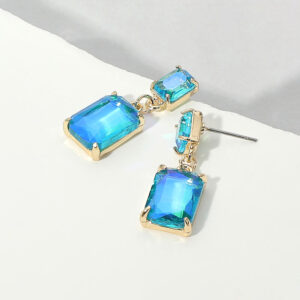 Rectangular Glass Stone Cluster Dangle Evening Earrings
