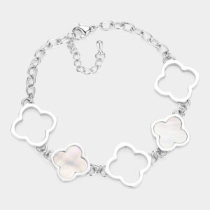 Stainless Steel Mother Of Pearl Quatrefoil Link Bracelet