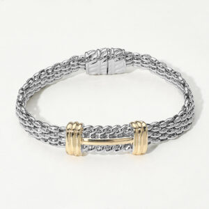 14K Gold Plated Two Tone Center Bar Accent Woven Chain Magnetic Bracelet